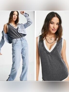 🌸🩶Free People Cozy Girl Distressed Vintage Gray Tank Bodysuit🩶🌸
